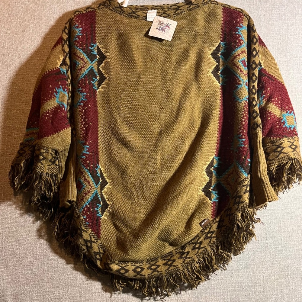 New Womens Aztec Fringe Poncho Western Boho Sweater Cape One Size Aged‎ Rope